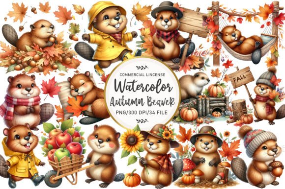 Download Watercolor Autumn Cute Beaver Clipart - Autumn Collection