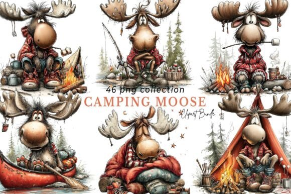 Download Whimsical Camping Moose Clipart Bundle - Camping Collection