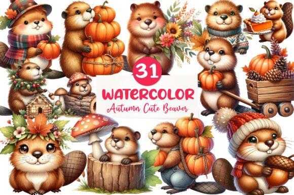 Download Watercolor Autumn Cute Beaver Clipart - Autumn Collection