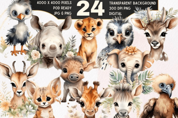 Download 24 Boho Baby Safari Animals Clipart Set - Safari animals Collection