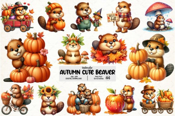Download Watercolor Autumn Cute Beaver Clipart - Autumn Collection